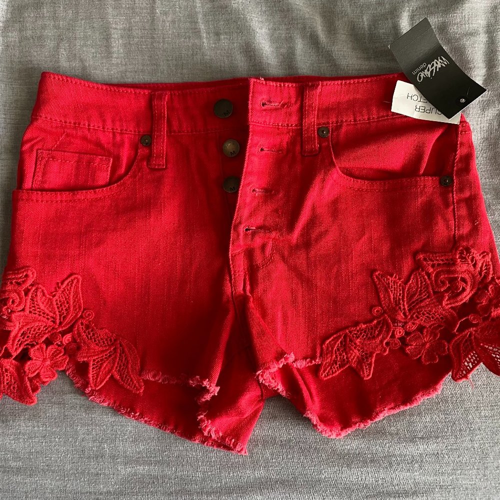 Mossimo High Rise Red Denim Shorts with Lace Inset